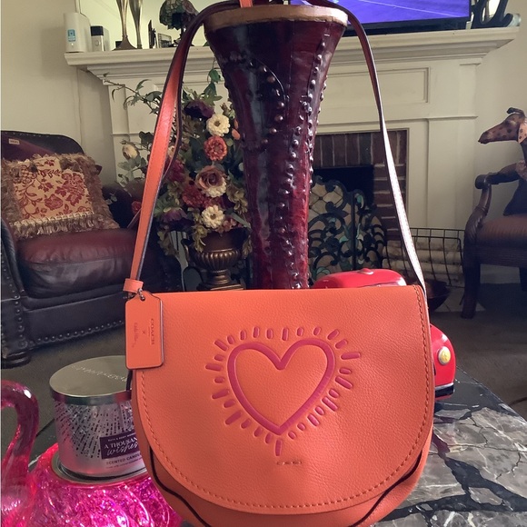 Coach Handbags - Authentic coach x Keith haring Hudson orange pink heart leather crossbody bag